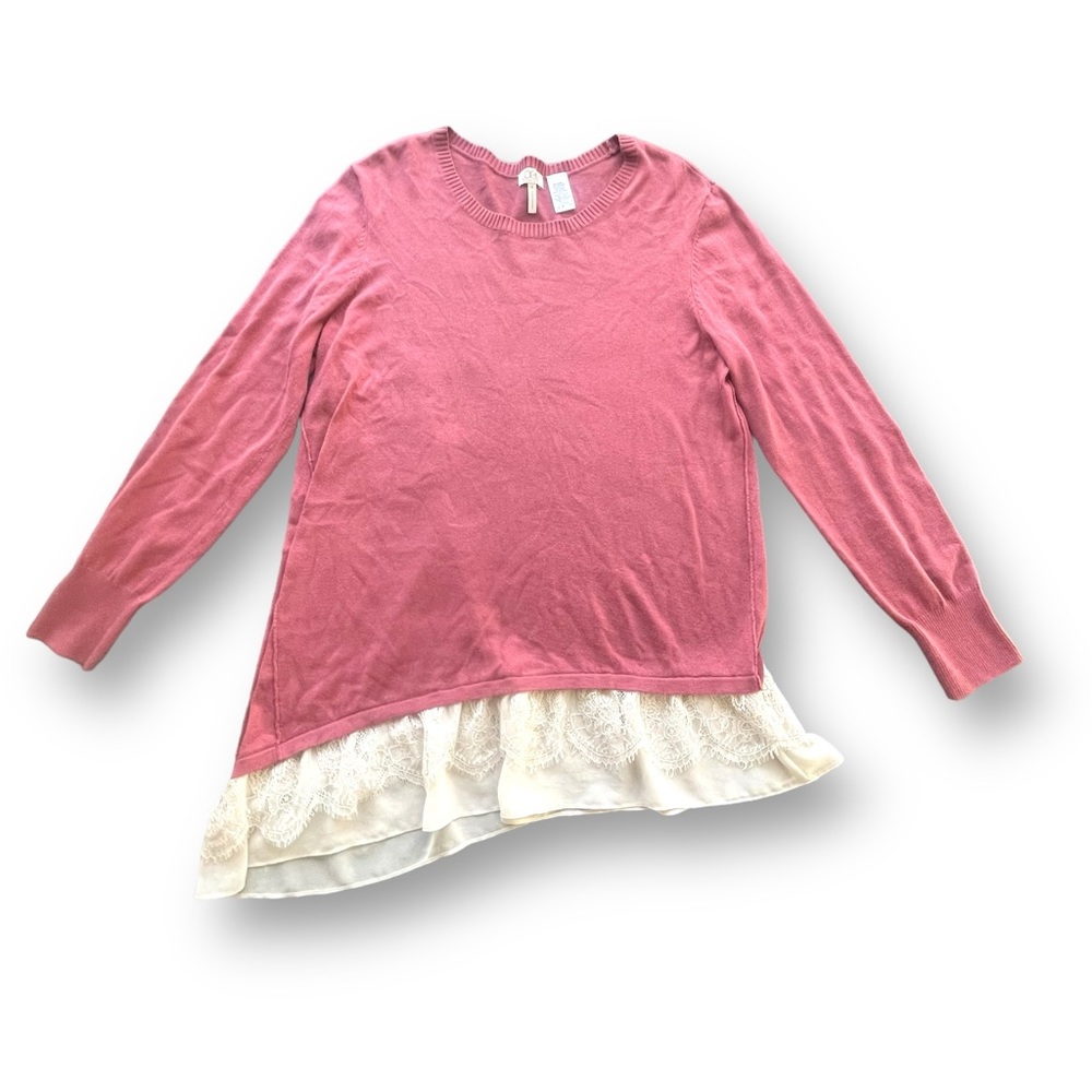 LOGO Rose Pink Cotton/Cashmere Blend Crewneck Ruffle Hem Long-sleeve Sweater Med